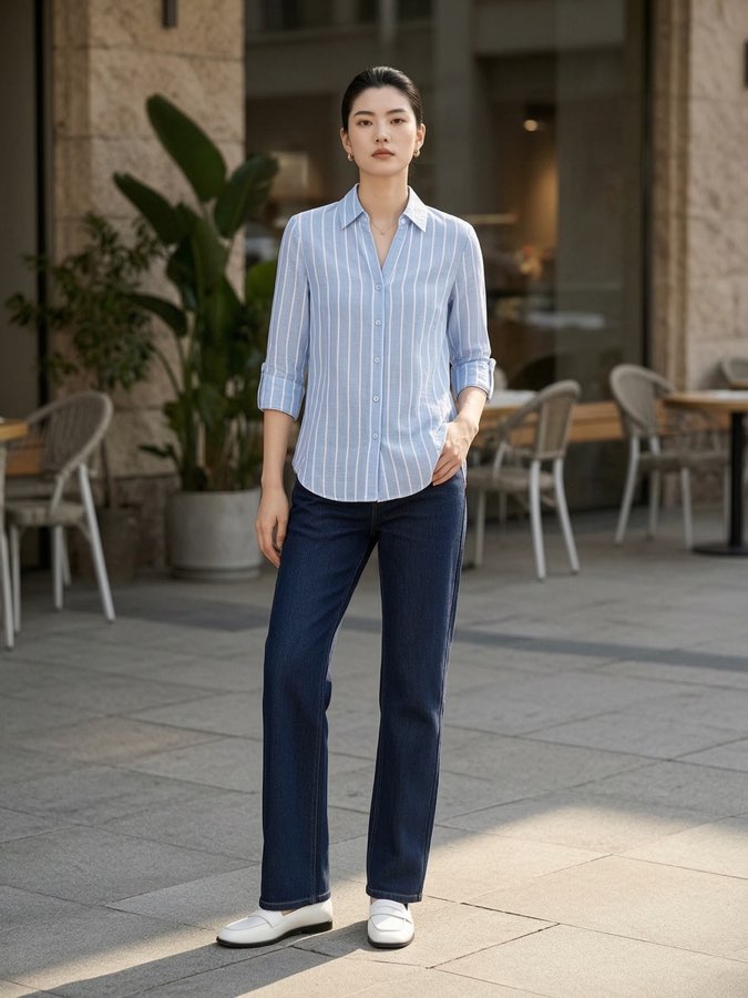 女款蓝条纹休闲衬衫